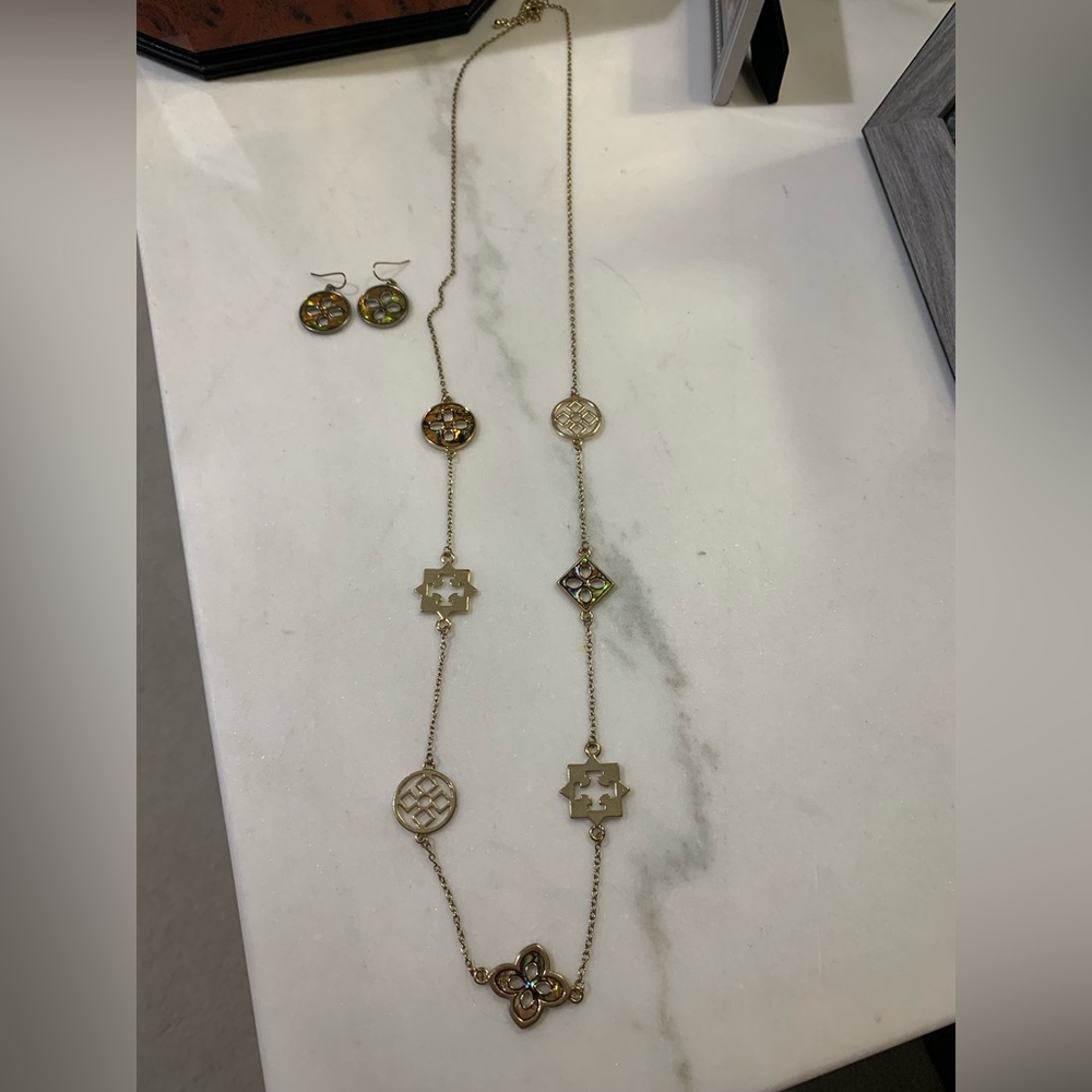 Somewhat iridescent earring and necklace pair